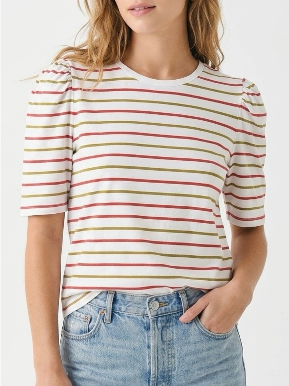 Rebecca Taylor Stripe A-Line Tee Puff Sleeve M Romantic Elevated Basic